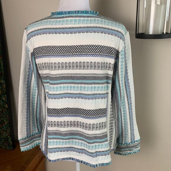 NEW Chico's Size 2 US L Cotton Sweater Jacket 3/4 Sleeve Lightweight Blue White - Picture 8 of 12